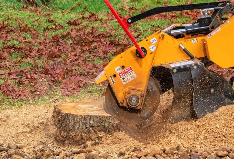 Contractor using a stump grinder to remove a tree stump in a residential yard